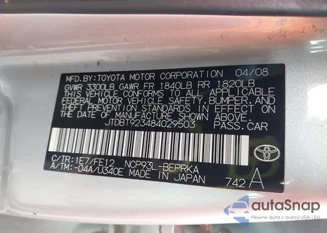 2008 Toyota Yaris S из США, поврежденный, VIN JTDBT923181192045